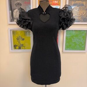 Vintage 80s Black Mini Dress w/ Heart Cutout + Puffy Organza Sleeves
